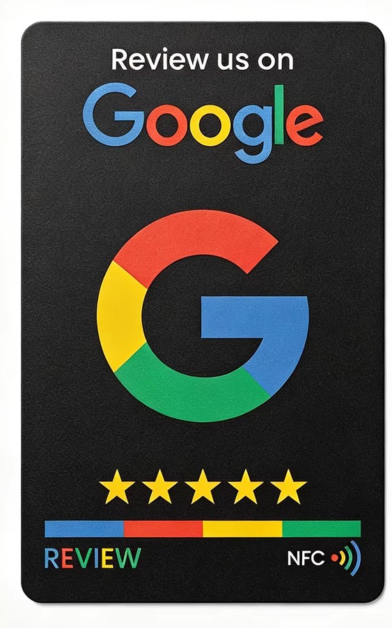 Rekomo NFC-kort i svart, med Google-recensionslogotyp